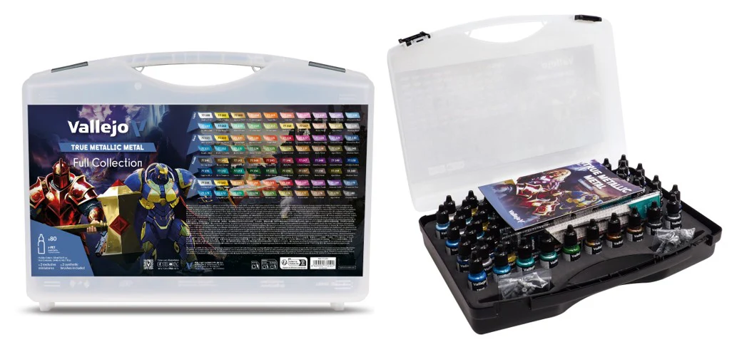 Vallejo 18ml True Metallic Metal Paint Set in Storage Case (80 Colors, Brushes, Miniatures)